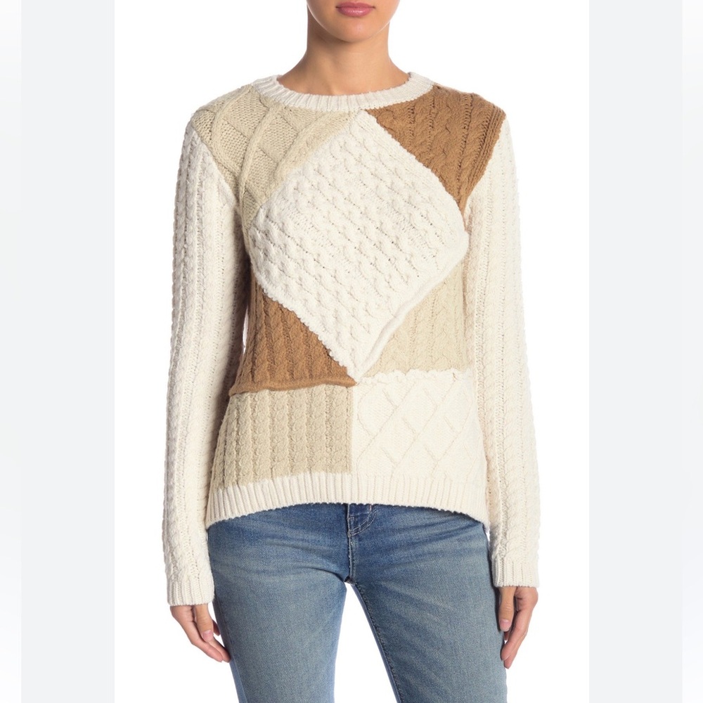 💛🔶 Desigual Patchwork Cable Knit Sweater Cream Tan S Boho Cottagecore Cozy Chic